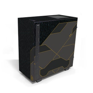 Può includere: Custodia per computer nera con un motivo geometrico e accenti dorati. La custodia ha una finitura nera e blu punteggiata.