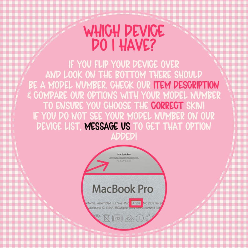 May include: Pink and white graphic with the text "WHICH DEVICE DO I HAVE?" and instructions to find the model number on a MacBook Pro. The image includes a close-up of a MacBook Pro with the model number A1502 highlighted.