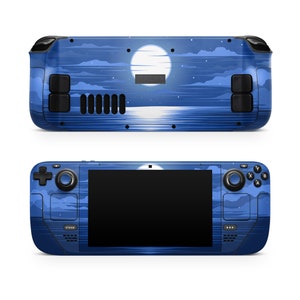 May include: A blue and black handheld gaming console with a moon and clouds design. The console has a screen, buttons, and joysticks.
