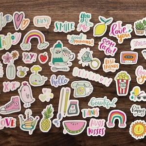 Fun Collection Sticker 50 Pack / Cute Aesthetic Girl Cactus Phone Rainbow Sun Pineapple Party Love / Waterbottle, Laptop, Cooler, Car Decal