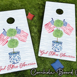 Grandmillennial Patriotic Cornhole Board Wrap Set of 2 | High Quality Yard Game Cornhole Wraps |  Matte or Glitter! Summer, Tailgate Games