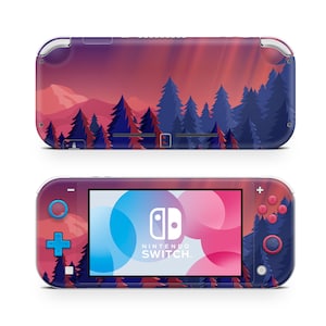 May include: A purple, pink, and blue Nintendo Switch Lite console skin with a mountain and forest landscape design. The skin features a sunset sky with a silhouette of trees and mountains. The Nintendo Switch Lite logo is visible on the screen.