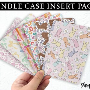 May include: A set of eight printable digital paper designs for Kindle case inserts. The designs feature pastel colors and cute illustrations of bows, carrots, and candy.