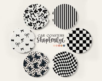 Black & Cream Patterned Trendy Modern Car Coasters Accessories Set