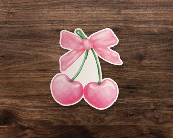 Coquette Pink Bow Cherry Fruit Trendy Watercolor Sticker | Die-Cut Window, Skateboard, Car, Wall Decal, Laptop Vinyl Sticker