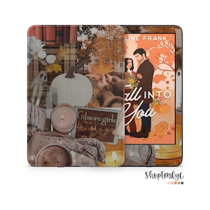 May include: A digital illustration of a book cover with the title "Fall into You" by  Line Frank. The cover features a couple standing in front of a fall scene with pumpkins and leaves. The background is a collage of fall-themed images, including a pumpkin, candles, and a book with the title "Gilmore Girls".