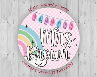 Checkered Rainbow Pastel Wooden Teacher Hanging Sign for School Classroom Door