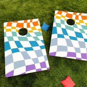 Cornhole Boards Retro Wavy Squares Rainbow Set of 2 Decals | High Quality Vinyl Wraps Cornhole | Matte or Glitter! Summer, Tailgate Games