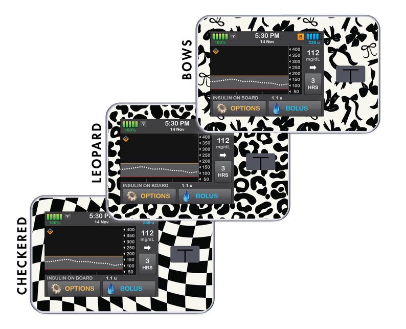 May include: Three different designs for a medical device skin cover. The designs are checkered black and white, leopard print, and black and white bows. The device screen shows a blood sugar reading of 112 mg/dL and a time of 5:30 PM on November 14th. The device also shows an insulin on board reading of 1.1 units and a bolus option.