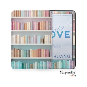 May include: A digital book cover with a blue and white sky background. The title of the book is "Twisted Love" and the author is "HUANG". The cover features a bookshelf with colorful books.