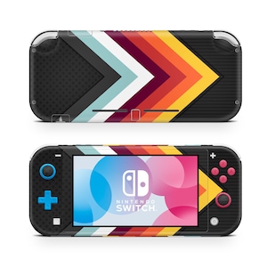May include: A black Nintendo Switch Lite console with a colorful geometric design featuring a pattern of yellow, orange, red, purple, blue, and white stripes. The console has a black screen with the Nintendo Switch logo and the text "NINTENDO SWITCH."