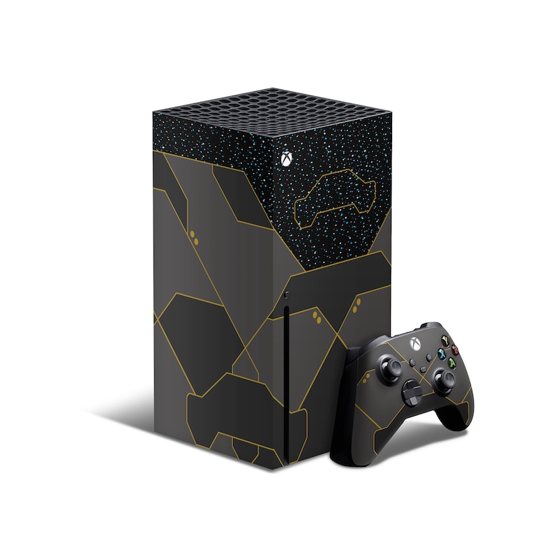 May include: Black Xbox Series X console with a geometric design and gold accents. The console is paired with a black Xbox controller.