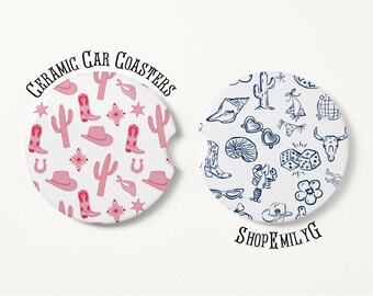 Coastal Cowgirl Blue & Pink Driver Gift Trendy Car Coasters Accessories Set