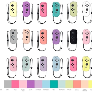 Puede incluir: Un conjunto de 18 skins Joy-Con de diferentes colores para la Nintendo Switch. Las skins se muestran en una cuadrícula con una clave de color debajo. Los colores incluyen negro, blanco, gris, rosa, rosa pastel, uva, lavanda, huevo de robin, azul verdoso, pistacho, wasabi, coral, naranja pastel, amarillo y amarillo pastel.