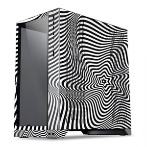 May include: A computer case with a black and white optical illusion design. The case has a wavy, striped pattern that creates a sense of movement. The front panel has a clear glass window, and the case is black.