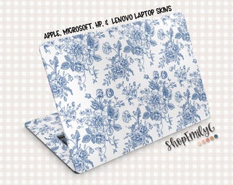 Blauwe vintage bloemen laptopsticker/sticker voor MacBook, Surface, Lenovo en Asus apparaten.