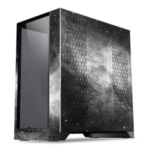 May include: A black computer case with a galaxy-themed design. The case has a tempered glass side panel and a mesh front panel for ventilation.