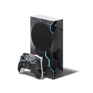 May include: A black and blue Xbox Series X console with a geometric pattern and a matching black and blue controller.