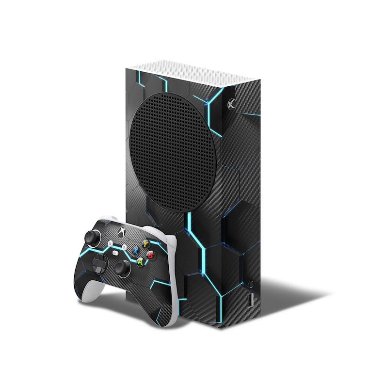 May include: A black and blue Xbox Series X console with a geometric pattern and a matching black and blue controller.