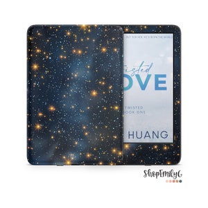 May include: A black and blue e-reader with a galaxy-themed cover. The screen displays the title "Twisted Love" with the author's name "HUANG" and the text "BUT FOR HER. HE'D BURN THE WORLD".