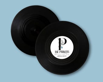 Floral Initial Vinyl Record Drink Coaster Gift Set | Party Favors, Name Plates for Wedding, Graduation, Music Birthday