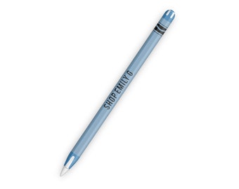 May include: A light blue Apple Pencil with a white tip and a black and white striped design. The pencil has the text "SHOP EMILY G" printed on it.