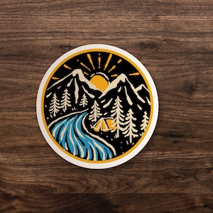 Outdoors Mountain Camping Round Sticker // Yellow & Blue Handdrawn Outdoors Life Sticker // Waterbottle Decal // 3&quot;, 5&quot; or 7&quot;
