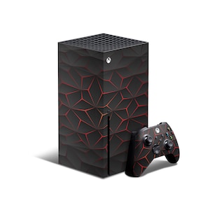May include: Black Xbox Series X console with a red and black geometric pattern skin and a matching black Xbox controller.