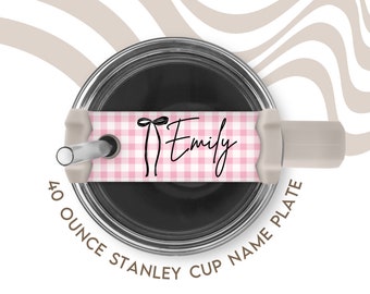 Pink Plaid Bow Coquette Tumbler Cup Name Plate for Stanley Cup | Name Tag for Tumbler Topper with Custom Print | Stanley Cup Accessories