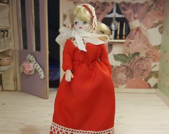 Miniature Porcelain Dollhouse Doll Little Girl Figurine Blonde Hair Blue Eyes Bone China in Red Lace Dress FS