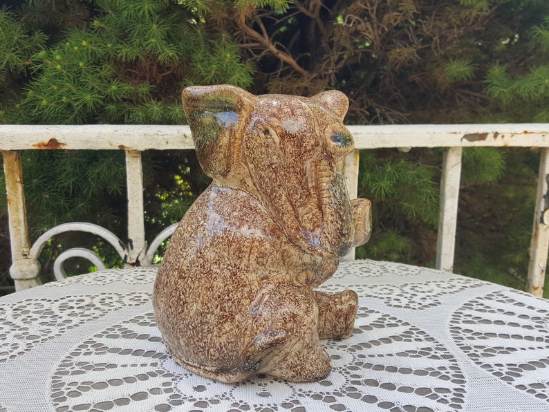 Pottery Elephant Statue Brown Handmade Animal Figurine Knick Knack Good Luck Trunk Up