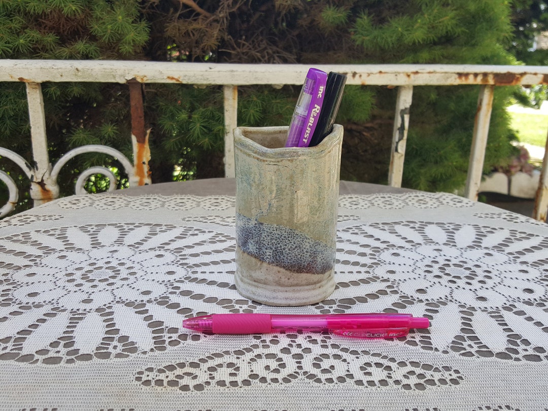 Handmade Pottery Pen Holder Clay Blue and Gray Glazed Desk Organizer Etsy