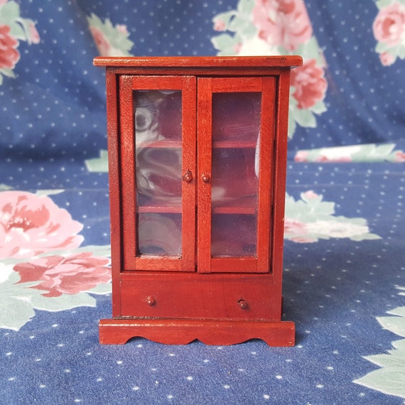 Miniature Dollhouse Red China Cabinet Linen Storage With Doors Wood Shelf Unit 1 12 Scale Fs