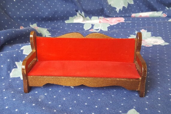 Miniature Dollhouse Red Bench Pew Long Wood Sofa With Velvet Etsy