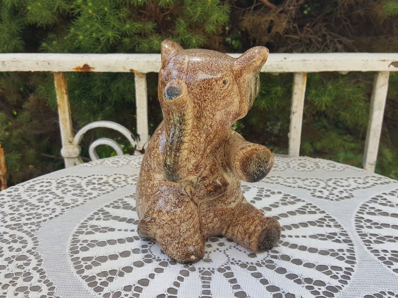 Pottery Elephant Statue Brown Handmade Animal Figurine Knick Knack Good Luck Trunk Up