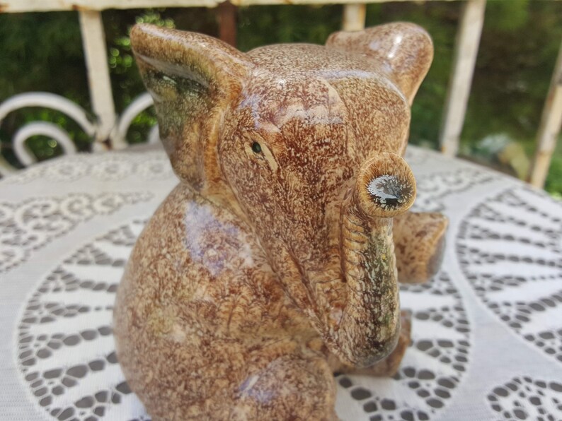 Pottery Elephant Statue Brown Handmade Animal Figurine Knick Knack Good Luck Trunk Up