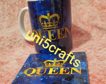 Queen  mug and coaster set, blue fabric mug and coaster.