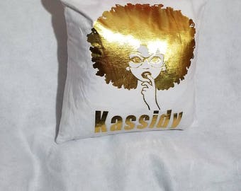 Personalized  afro centric pillow, gold and white pilllow, afro. Chic, pillow, foil gold pillow