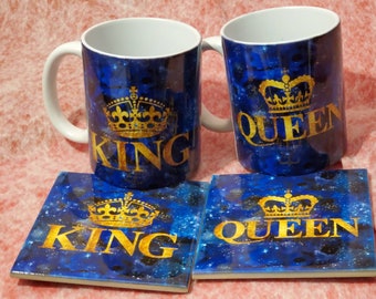 King and  Queen  mug and coaster set,  His and hers blue mug and coaster set