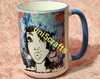 Blue flower head coffee mug, blue beauty mug, 15oz coffee mug, ash art mug