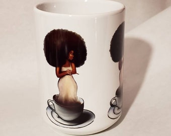 Full cup afrocentric  ashthepainter art mug, ash the painter art mug, afro woman full cup of tea