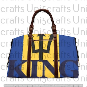 May include: A brown leather travel duffel bag with a yellow and blue design featuring the national flag of Barbados. The bag has a large "KING" printed on the front.