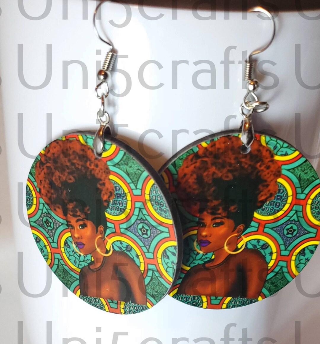 Circle Afro Queen, Afrocentric Earring With Art by T5C, African Print