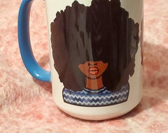 Blue handle coffee mug, blue afro beauty mug, 15oz coffee mug, cocoa  twins image  mug