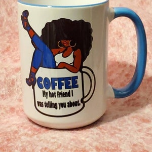 Blue handle coffee mug, blue beauty mug, 15oz coffee mug, cocoa twins image mug image 1