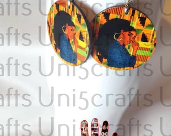 Brincos afrocentrados Circle Afro Queen com arte de T5C, brincos com estampa africana, brincos Dope Diva, brincos Black Girl Magic