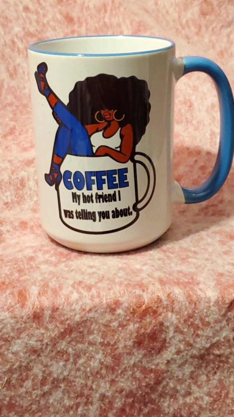 Blue handle coffee mug, blue beauty mug, 15oz coffee mug, cocoa twins image mug image 2