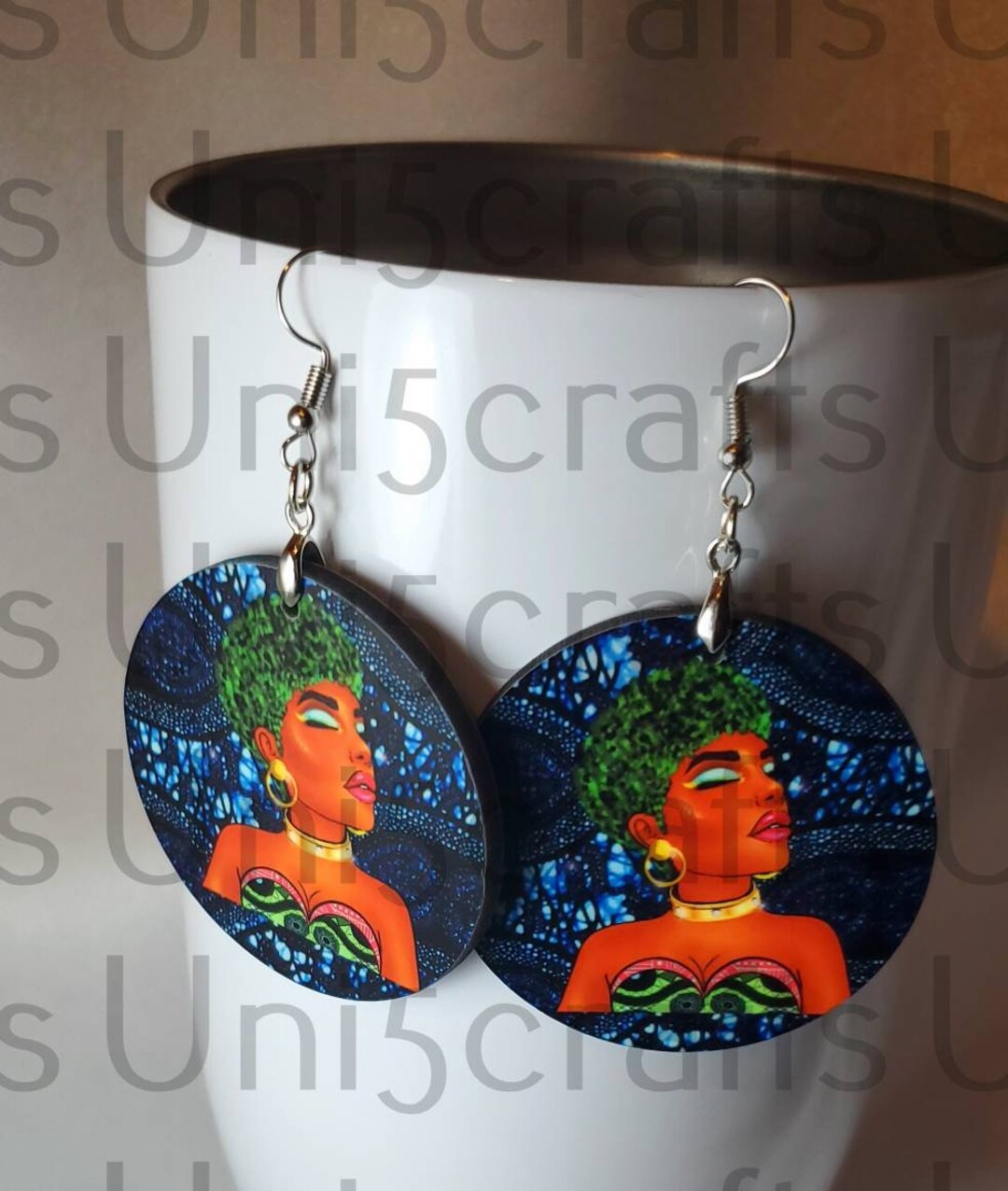 Circle Afro Queen, Afrocentric Earring With Art by T5C, African Print