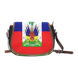 Haiti cross body shoulder canvas leather saddle bag, red white blue a bag, Haitian flag  bag