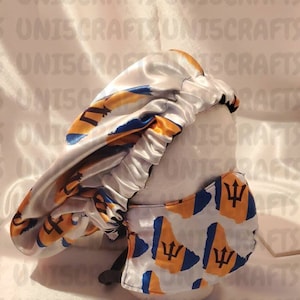 Conjunto de gorro y mascarilla de satén con el mapa de Barbados, gorros con la bandera de Barbados, gorros hechos a medida, tela o imagen a medida